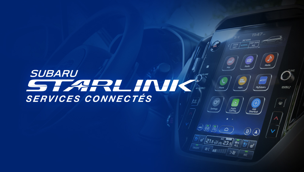 Logo des Services connectés Subaru Starlink superposé à une image intérieure de la Forester.